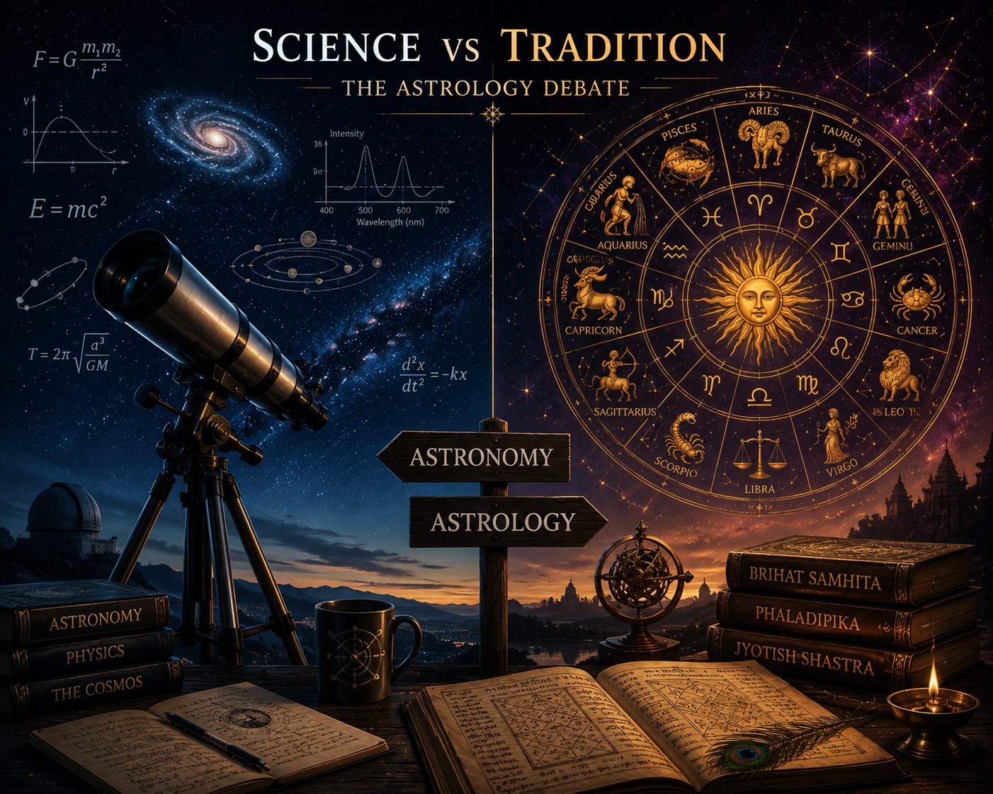 Telescope and zodiac symbols representing the science vs belief debate in astrology