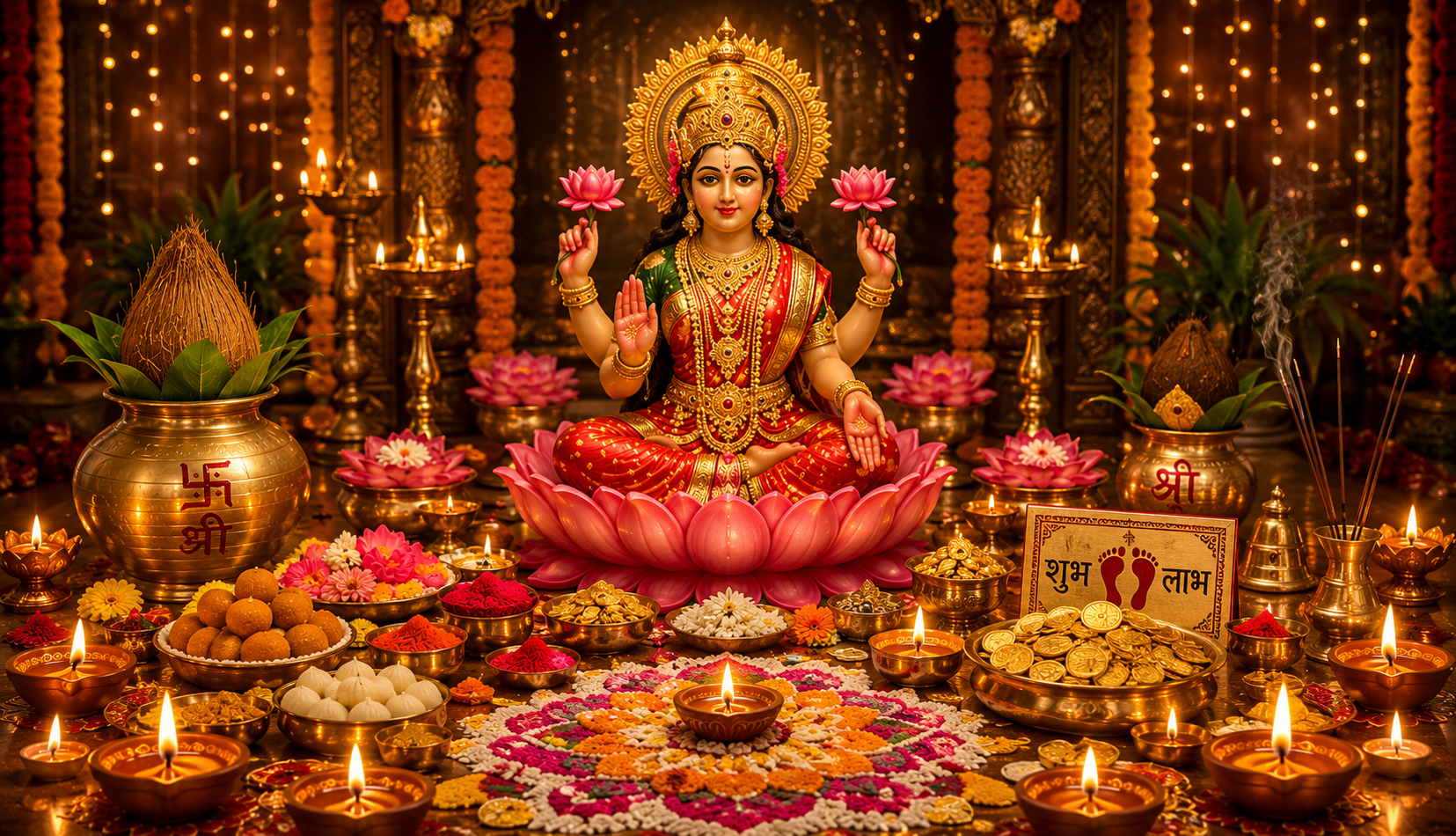 Diyas lit around a Lakshmi Puja altar during Diwali