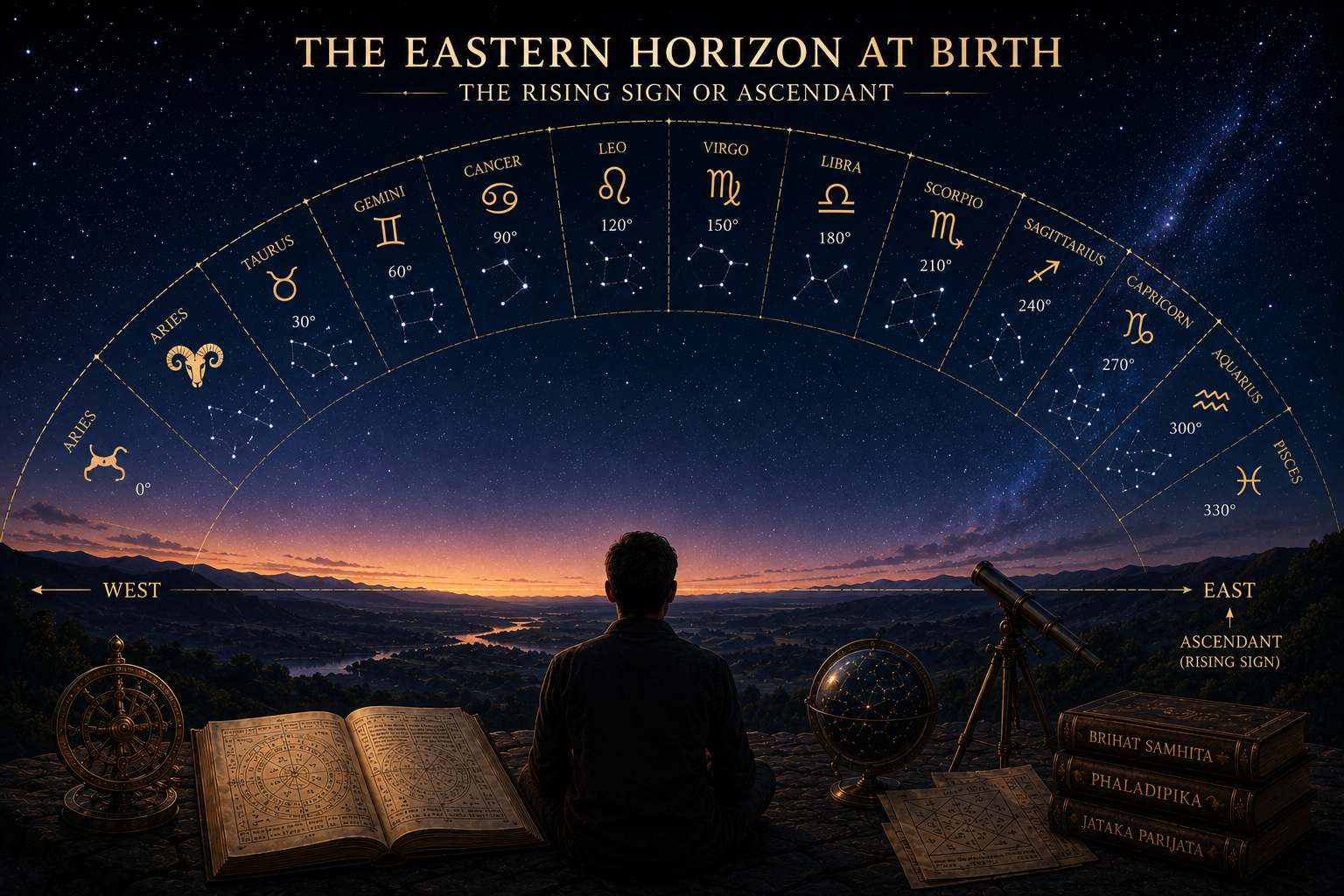 The Eastern horizon at birth representing the rising sign or ascendant
